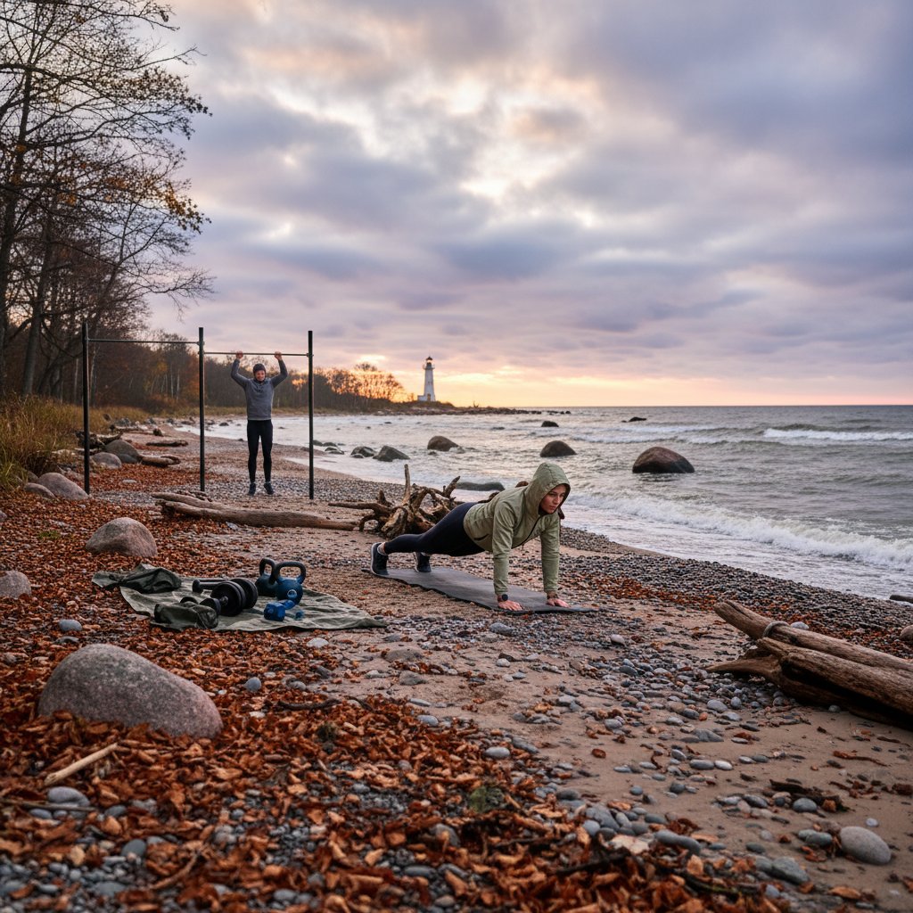 Trening na plaży nad Bałtykiem jesienią, outdoor, aktywność fizyczna