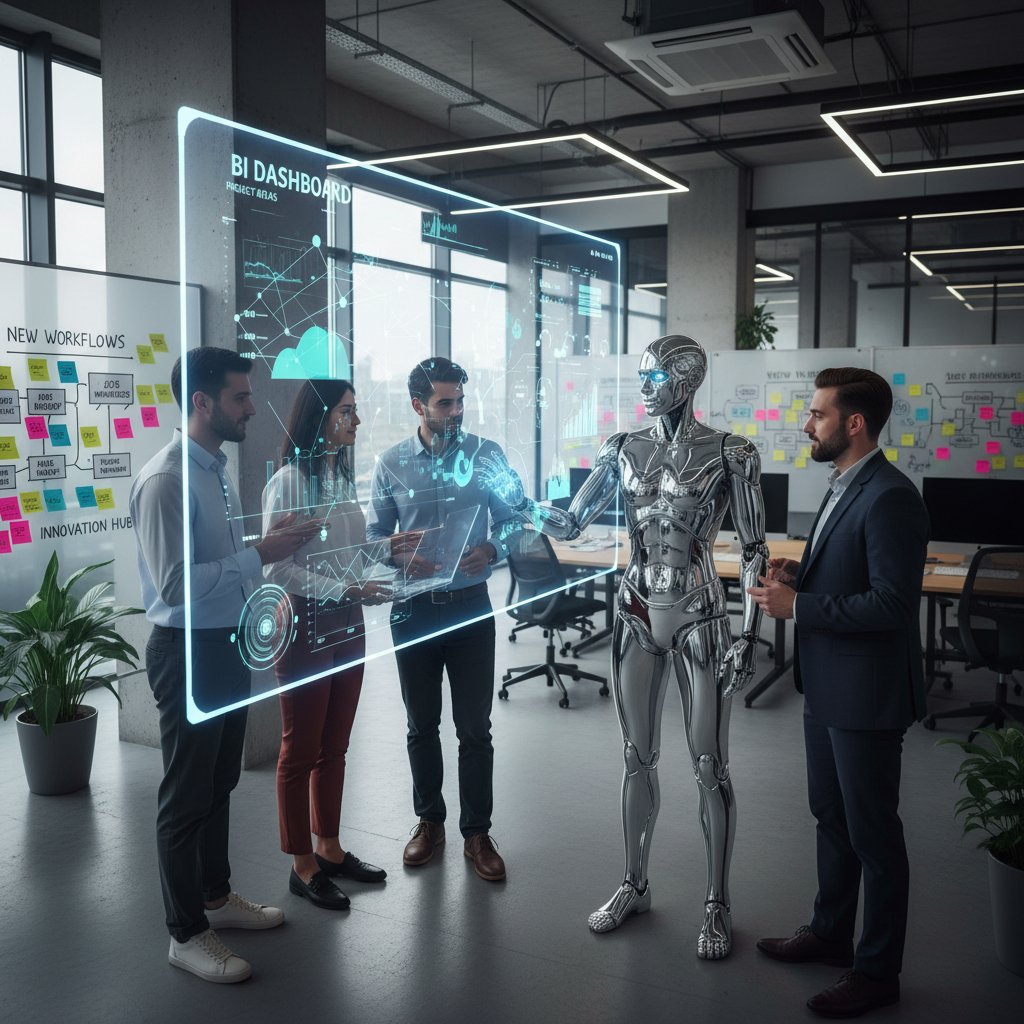 Photo of a workplace with employees and AI assistant collaborating, symbolic of changing team dynamics