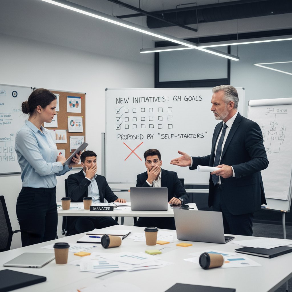 Tense workplace confrontation over conflicting initiatives, self starter staff clashing in meeting room