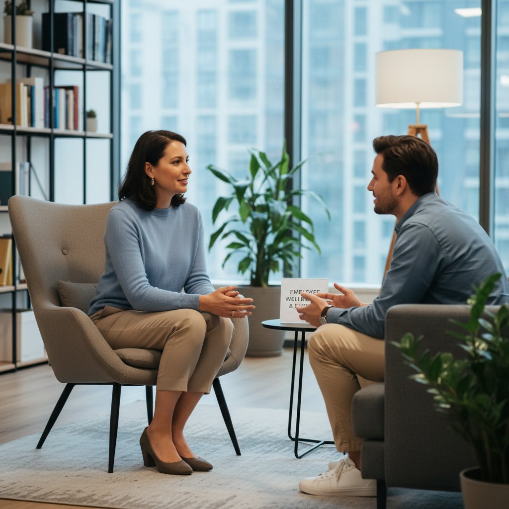Psycholog rozmawiający z pracownikiem w zacisznym biurze, atmosfera wsparcia i zrozumienia