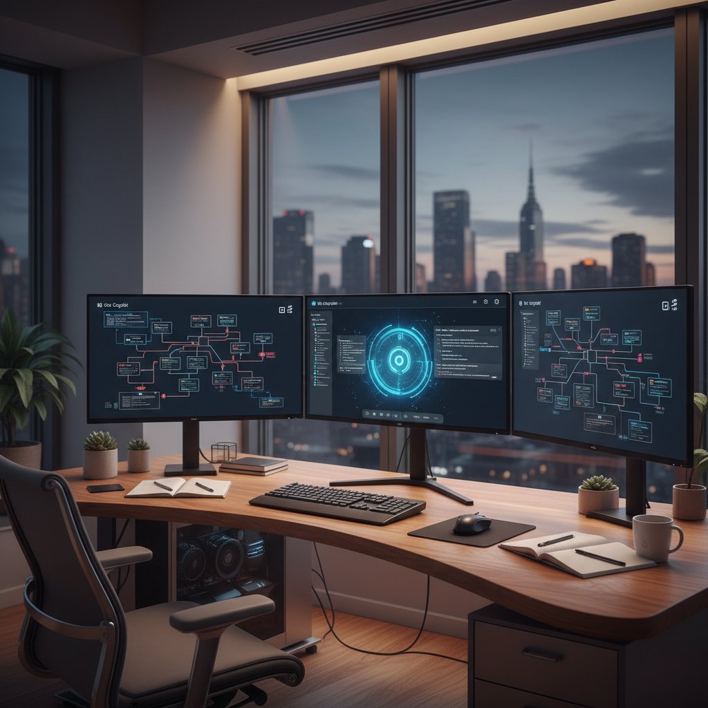 Stanowisko pracy z wykresami przepływu pracy i panelem Copilota