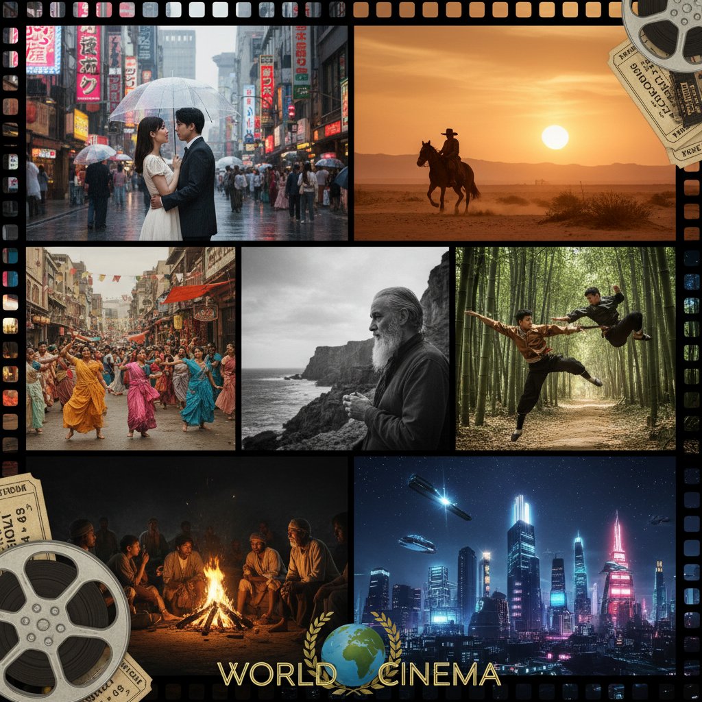Montage of iconic scenes from diverse world cinema classics, showing actors and directors from various countries in dramatic poses, with vibrant colors and cinematic lighting, representing world cinema diversity