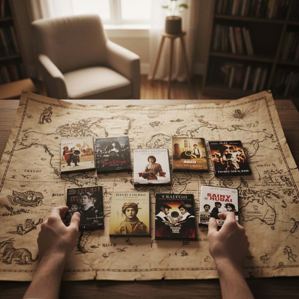 Hands holding international film DVDs over map, showing global scope of movies similar to Lawrence of Arabia
