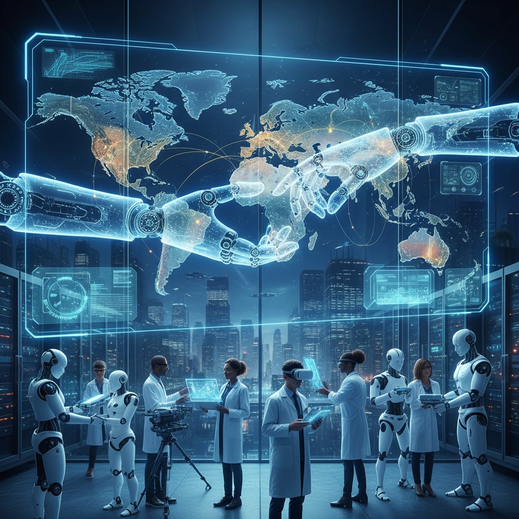 Global workforce, digital connections, robots and humans collaborating