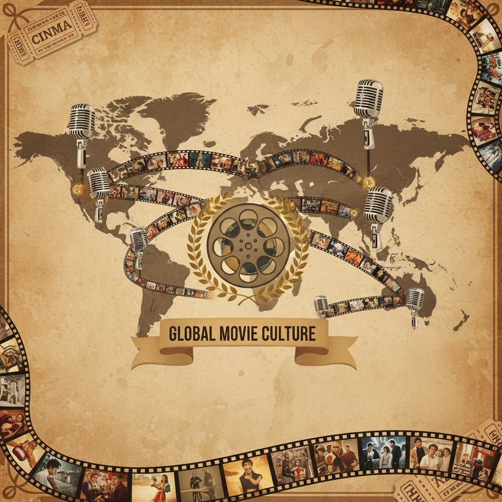 World map composed of film reels and audio equipment representing global movie culture, symbolic photo