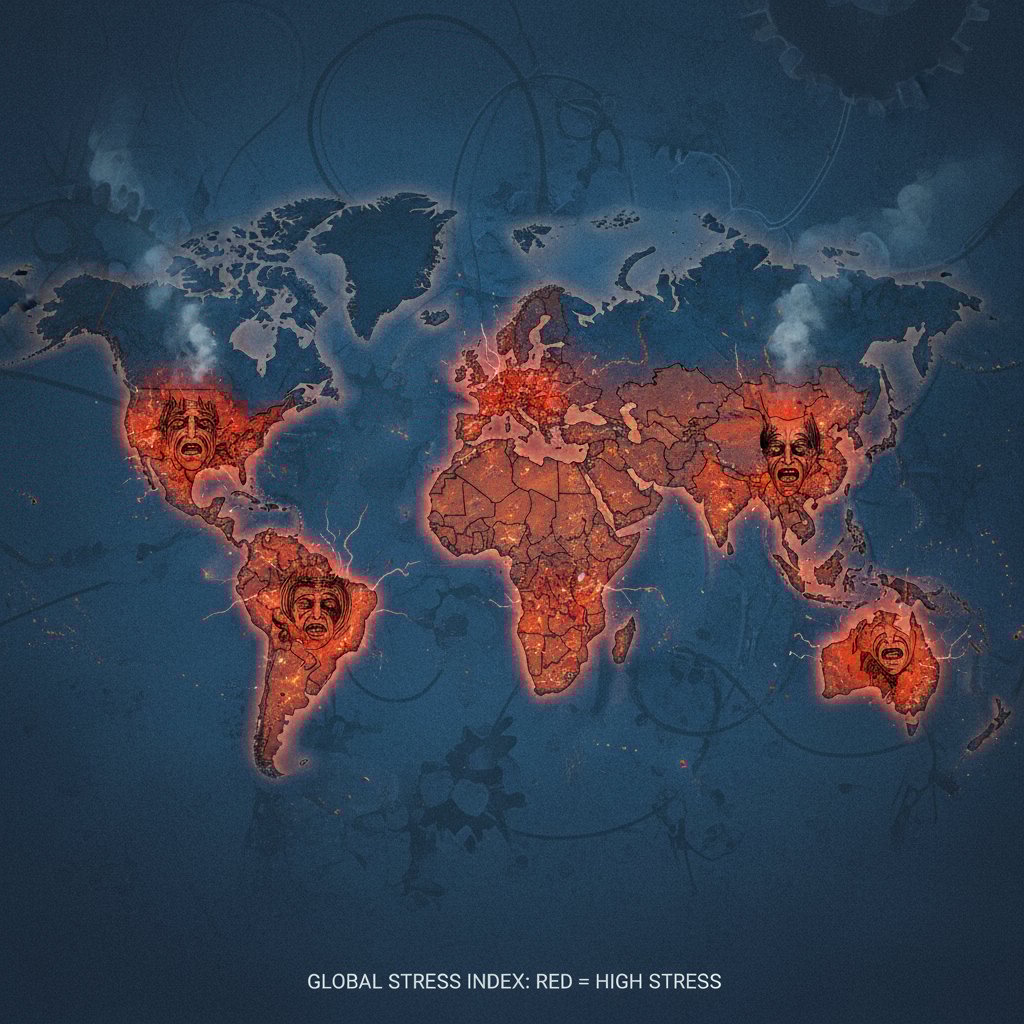 Mapa świata z zaznaczonymi krajami o najwyższym poziomie stresu