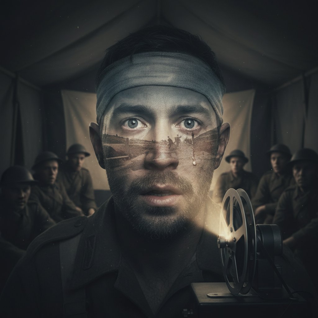 Emotional close-up of a WWI soldier's face lit by flickering projector light, evoking memory and trauma