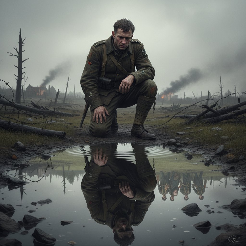 Symbolic image: WWI soldier staring at his own reflection in a puddle, haunted by trauma