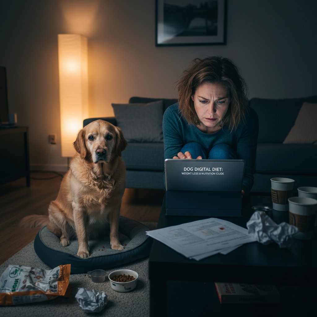Zaniepokojona właścicielka psa szukająca porad dietetycznych online, nocna atmosfera, światło ekranu