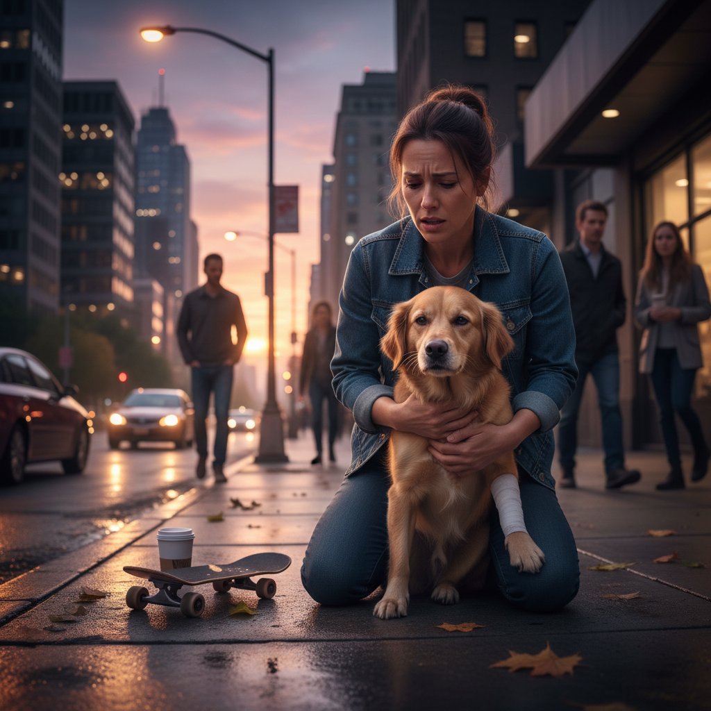 Właściciel udzielający pierwszej pomocy psu na chodniku, scena pełna napięcia