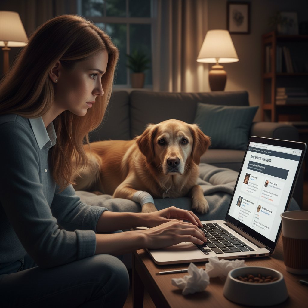 Opiekun czytający porady na forum internetowym, zmartwiona mina, laptop, pies obok