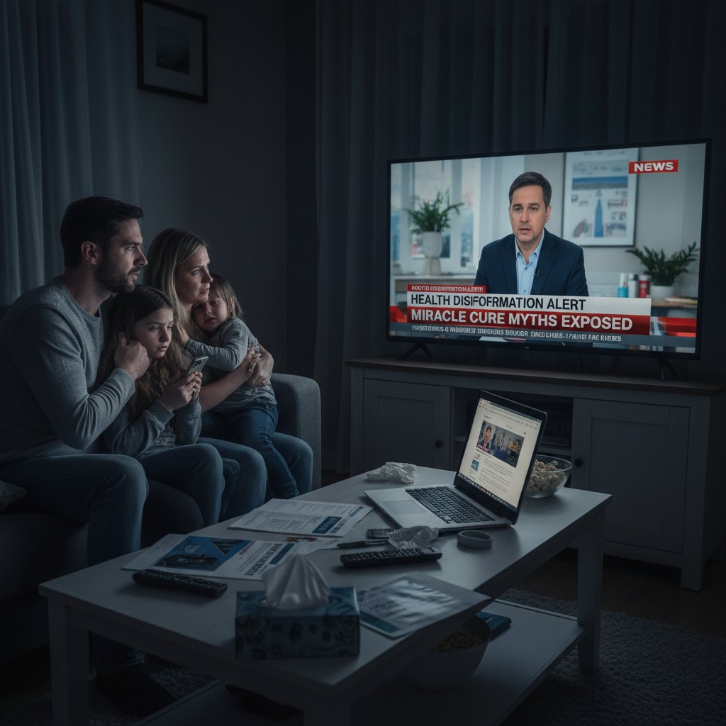 Zmartwiona rodzina słucha informacji w telewizji, symbolizując skutki dezinformacji zdrowotnej