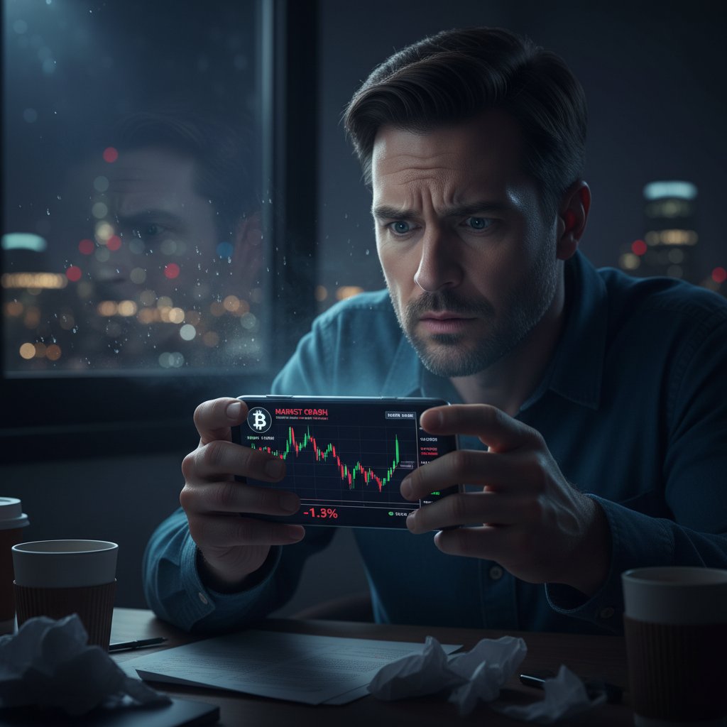 Zaniepokojony inwestor przeglądający kursy kryptowalut na smartfonie w nocy