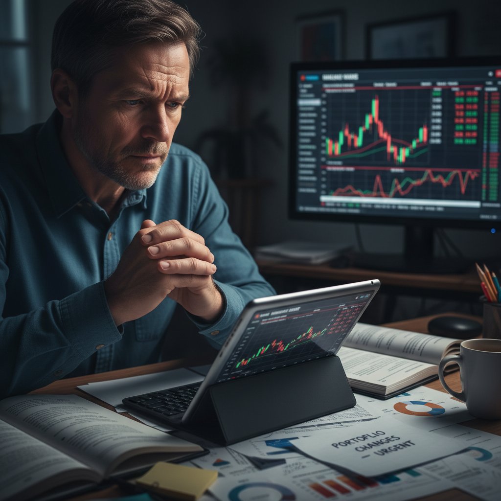 Zaniepokojony inwestor analizujący wykres zmian swojego portfela