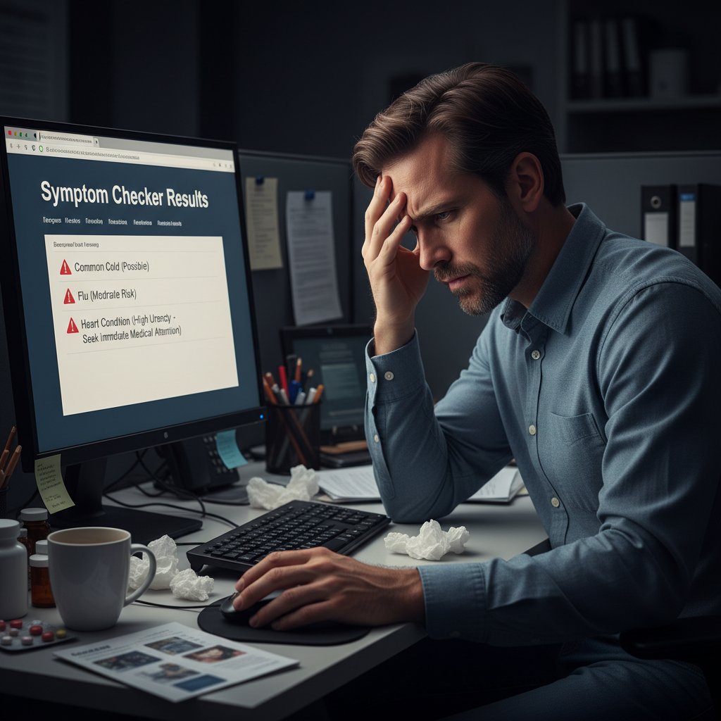 Mężczyzna zaniepokojony wynikami symptom checkera, siedzi przy biurku, biurowa atmosfera