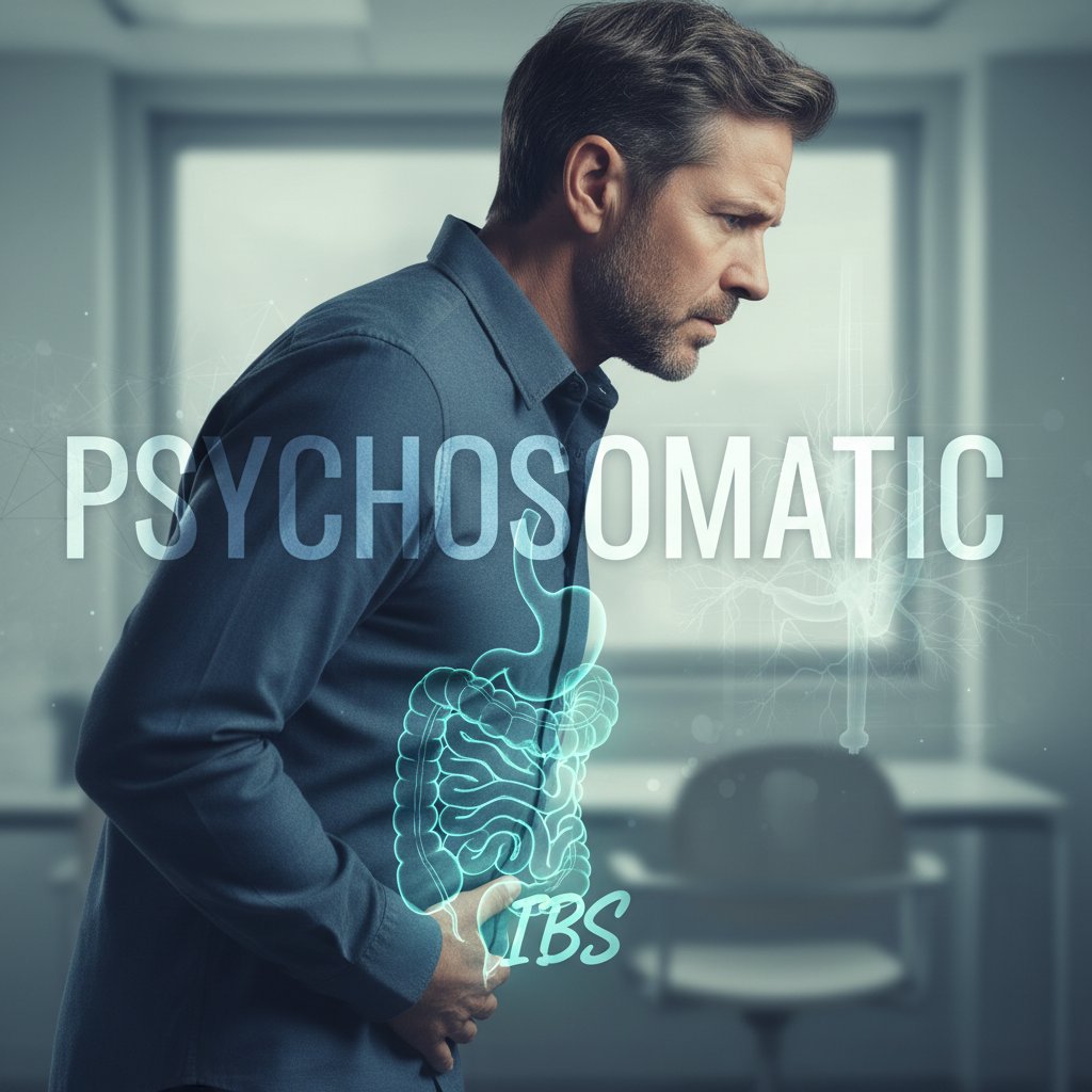 Męski profil zatroskany, na drugim planie zarys jelit, kontrast mięśni i emocji