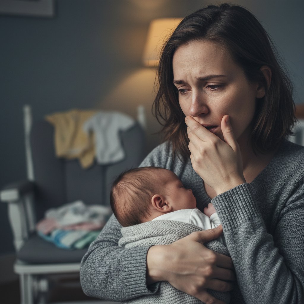 Matka patrząca z niepokojem na swoje dziecko, wyraźny lęk i zmęczenie, depresja poporodowa