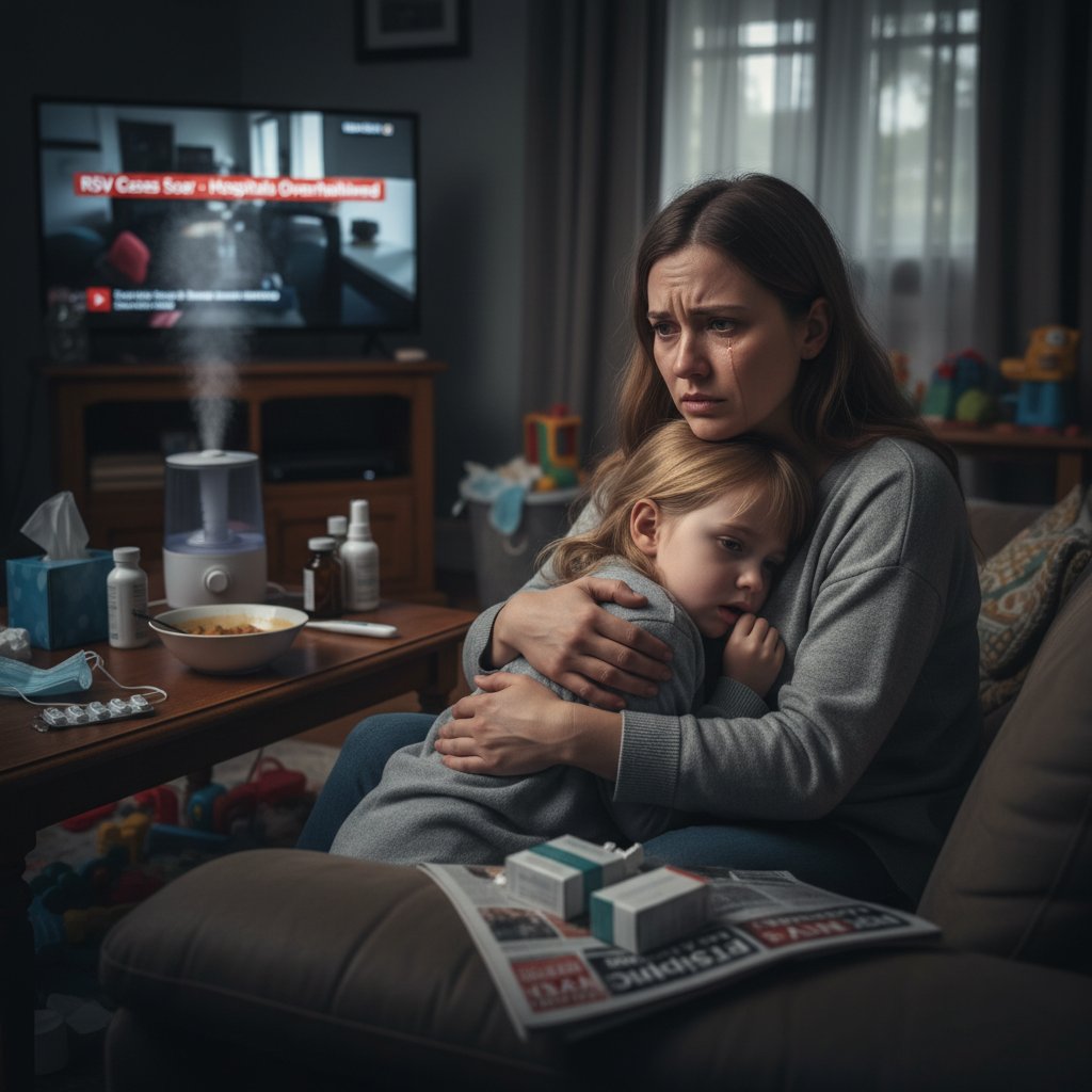 Zmartwiona matka tuląca chore dziecko w domu podczas epidemii RSV