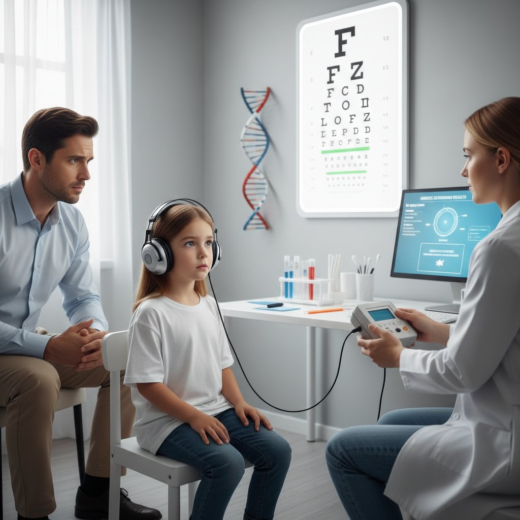 Rodzic trzymający dziecko za rękę w klinice podczas testu przesiewowego