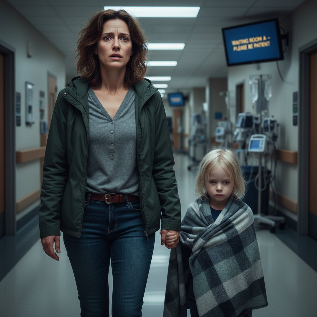 Zaniepokojony rodzic z dzieckiem w szpitalnym korytarzu, powiększone migdałki