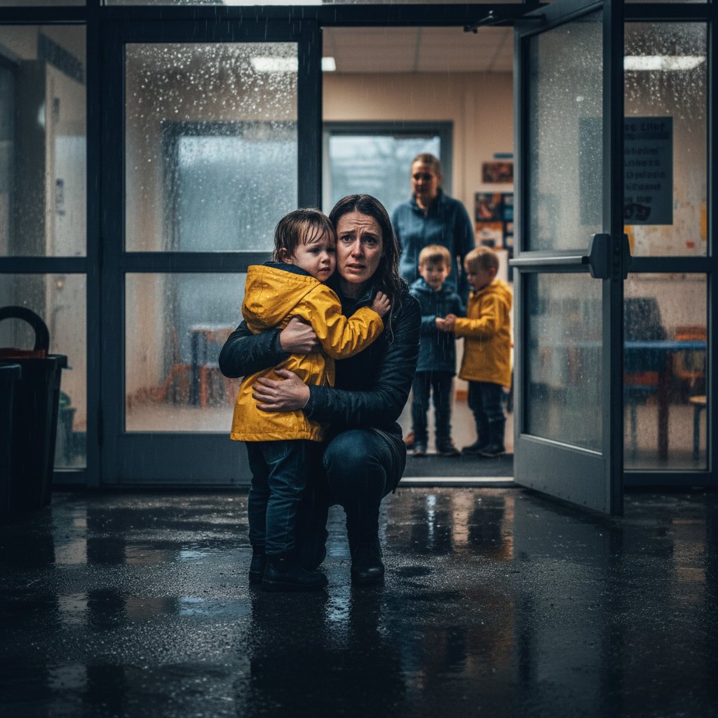 Zestresowany rodzic i dziecko przed wejściem do przedszkola, deszczowy poranek, napięcie emocjonalne