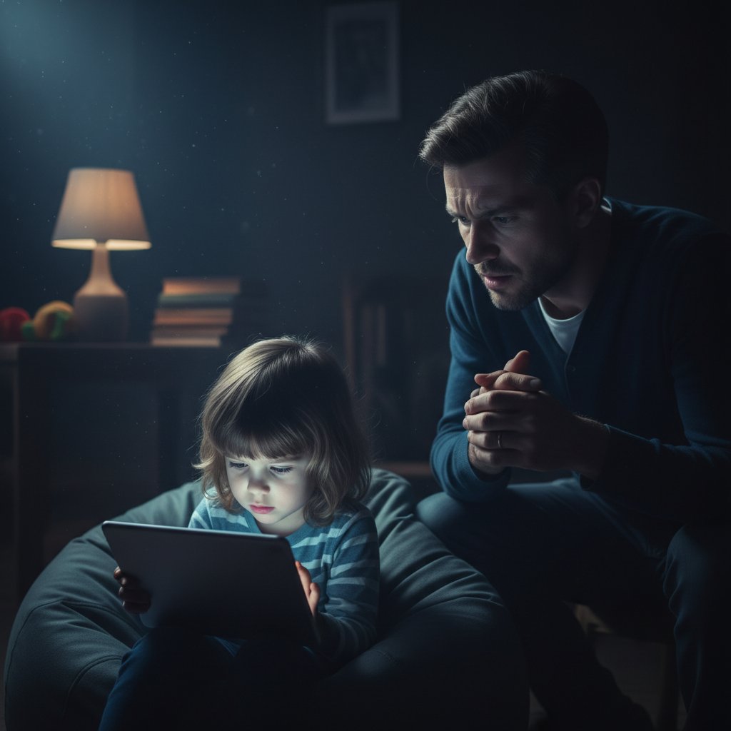 Zaniepokojony rodzic patrzy na ekran dziecka w ciemnym pokoju i zastanawia się nad skutkami kontroli rodzicielskiej