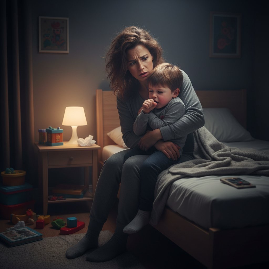 Zdjęcie zmartwionego rodzica trzymającego kaszlące dziecko w ciemnym mieszkaniu, zapalenie oskrzelików