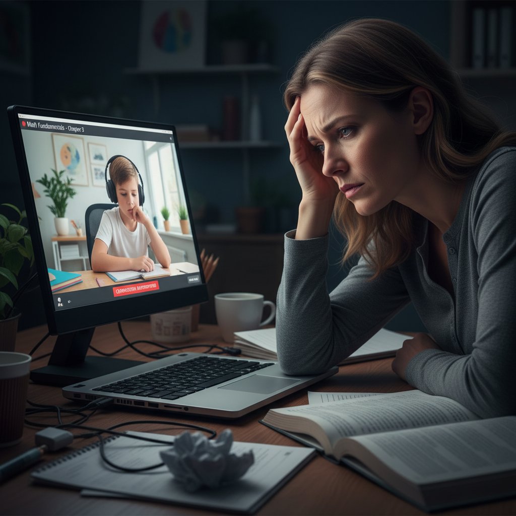 Zaniepokojony rodzic patrzący na ekran komputera podczas wyboru korepetycji online z WOS