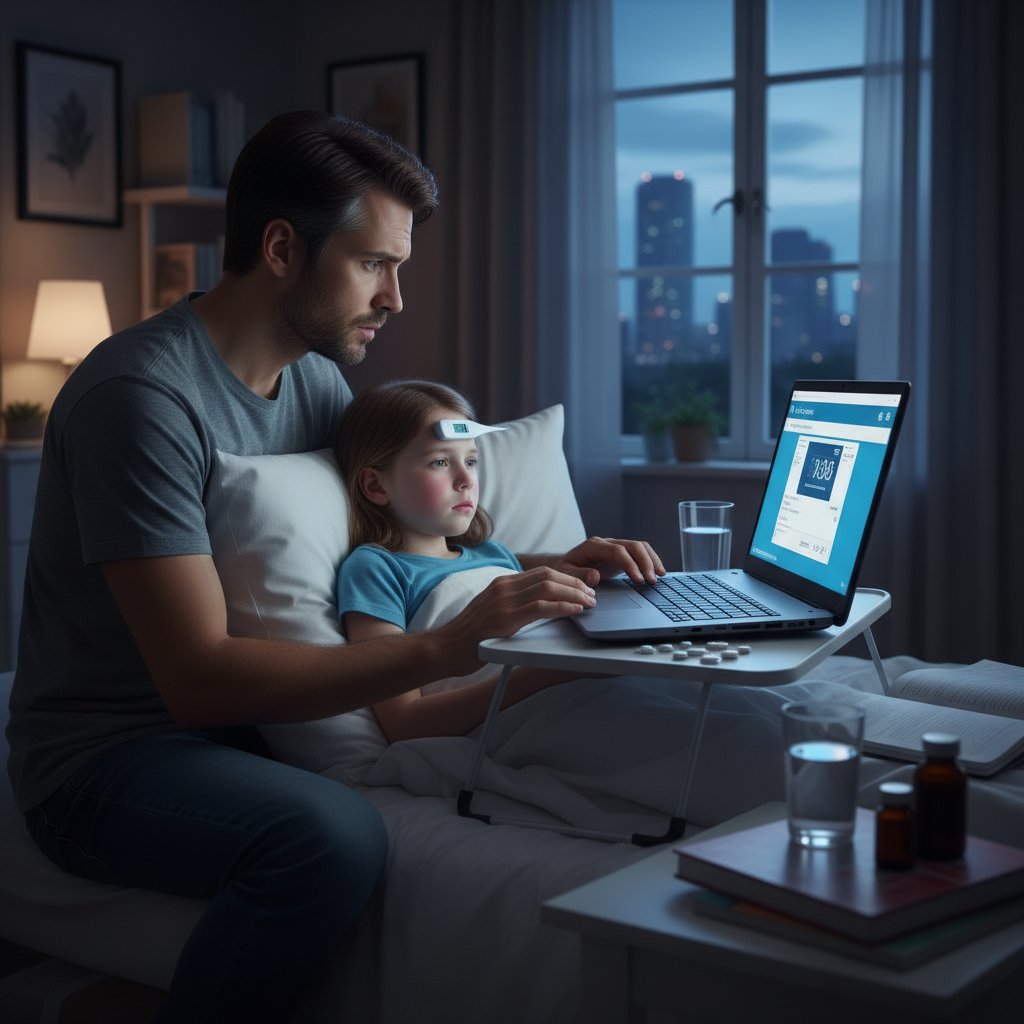 Zaniepokojony rodzic z chorym dzieckiem podczas wieczornego badania