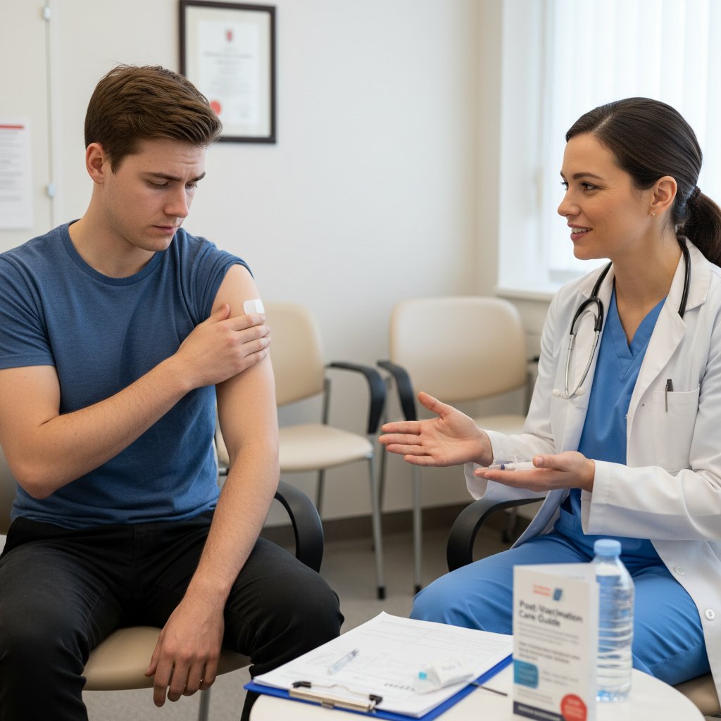 Zaniepokojony pacjent rozmawia z lekarzem po szczepieniu, gabinet lekarski
