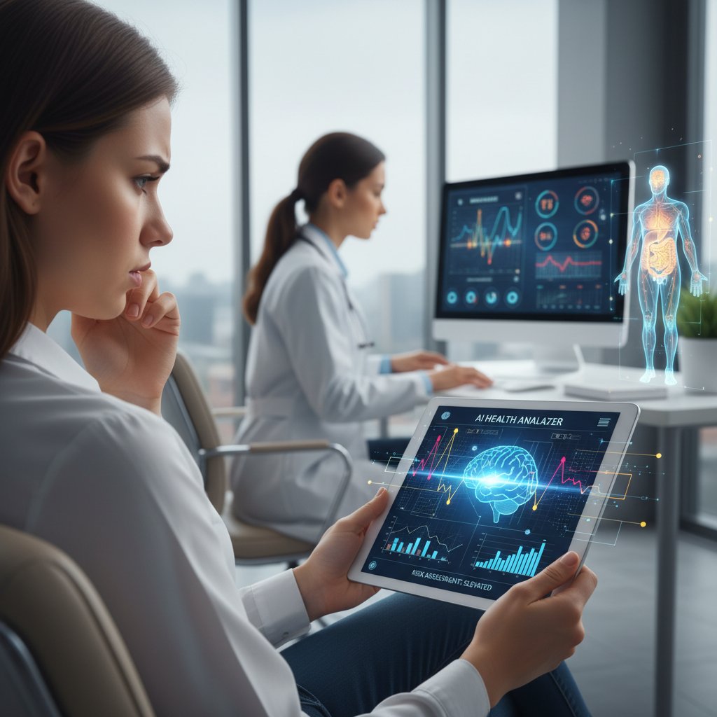 Zaniepokojony pacjent przeglądający dane zdrowotne w aplikacji AI