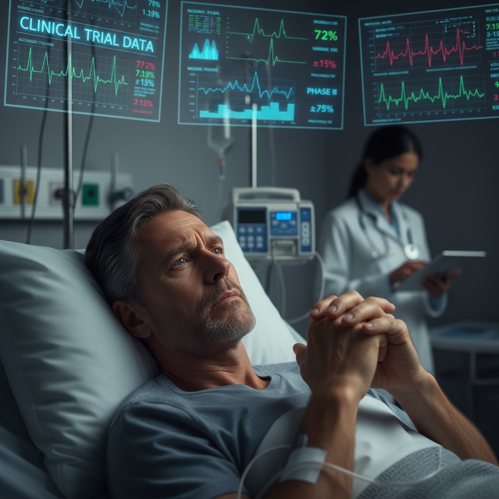 Worried patient in hospital bed with data monitors, uncertainty, clinical trial data accuracy crisis