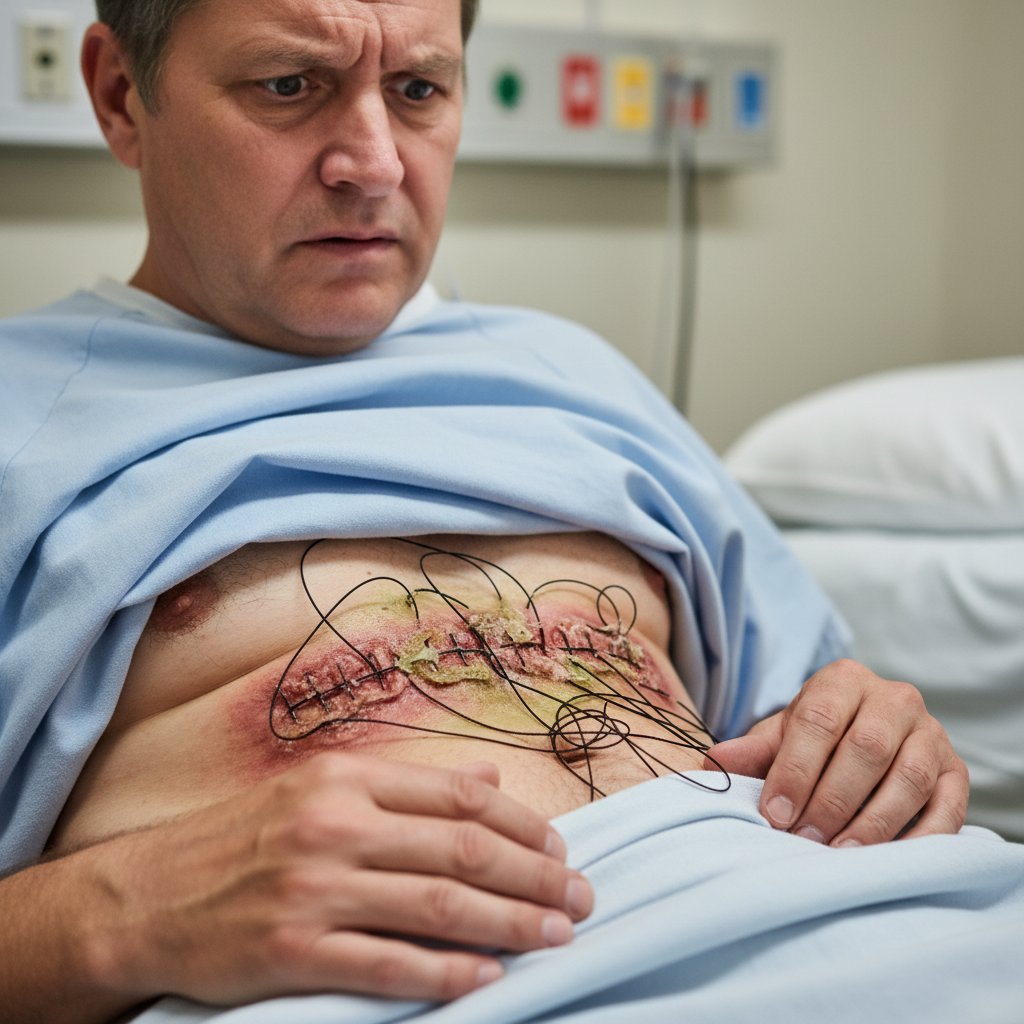 Zmartwiony pacjent pokazuje na bliznę z wyraźnymi śladami po zbyt długim noszeniu szwów