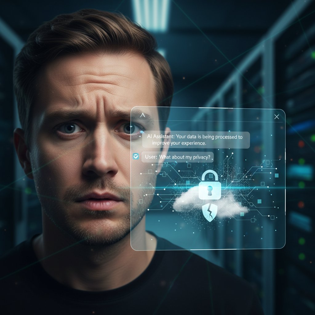 Osoba zaniepokojona bezpieczeństwem danych podczas rozmowy z AI, keywords: prywatność AI, ochrona danych, bezpieczeństwo cyfrowe