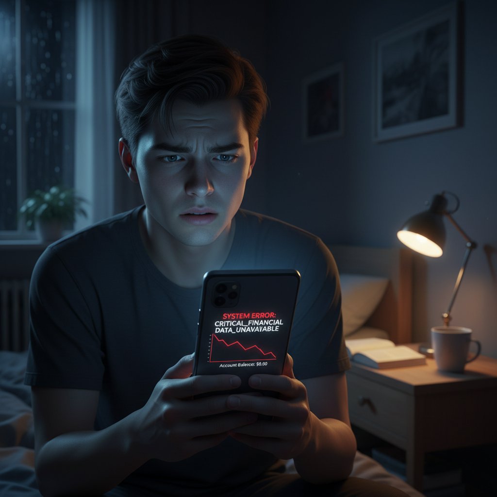 Zaniepokojona osoba patrząca na błąd w aplikacji finansowej AI, nocne światło, stres i niepewność