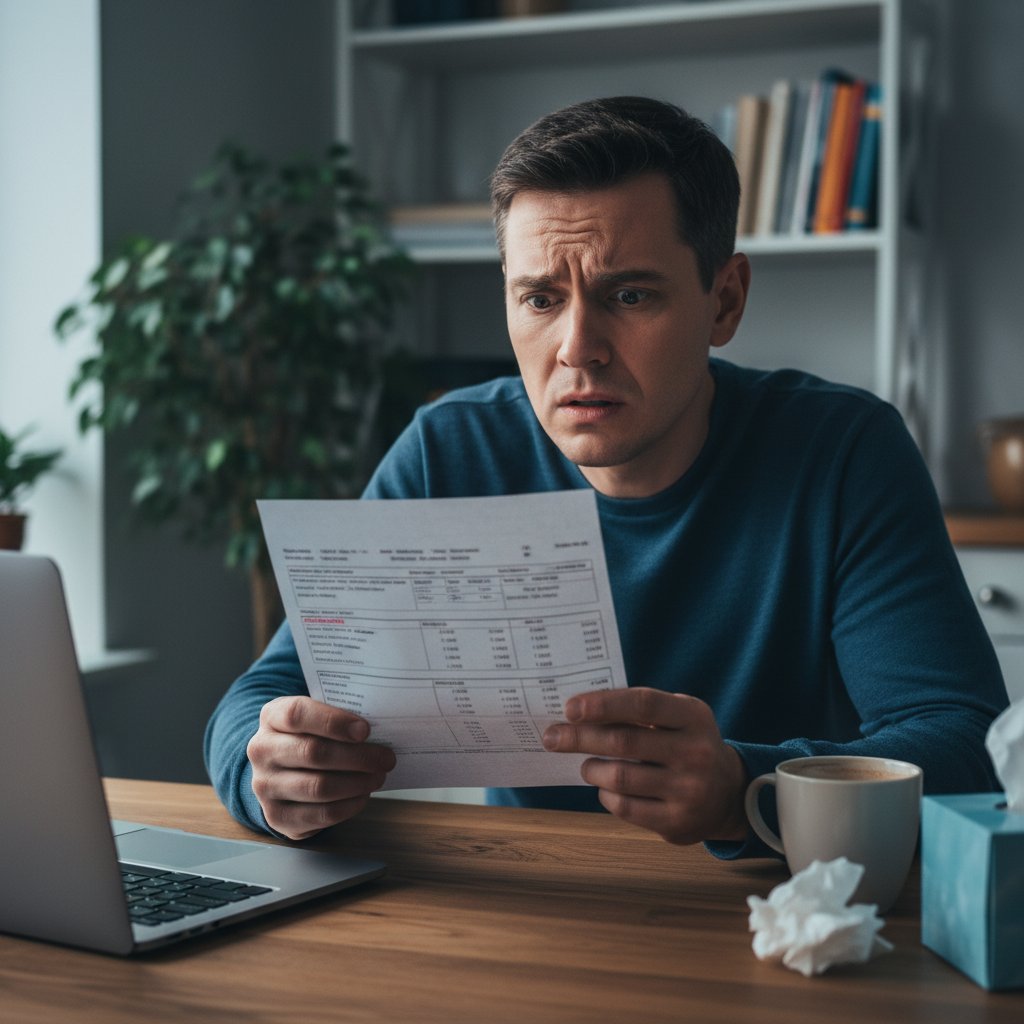 Wizerunek osoby analizującej wynik badania krwi w domu, wyraźny niepokój i skupienie