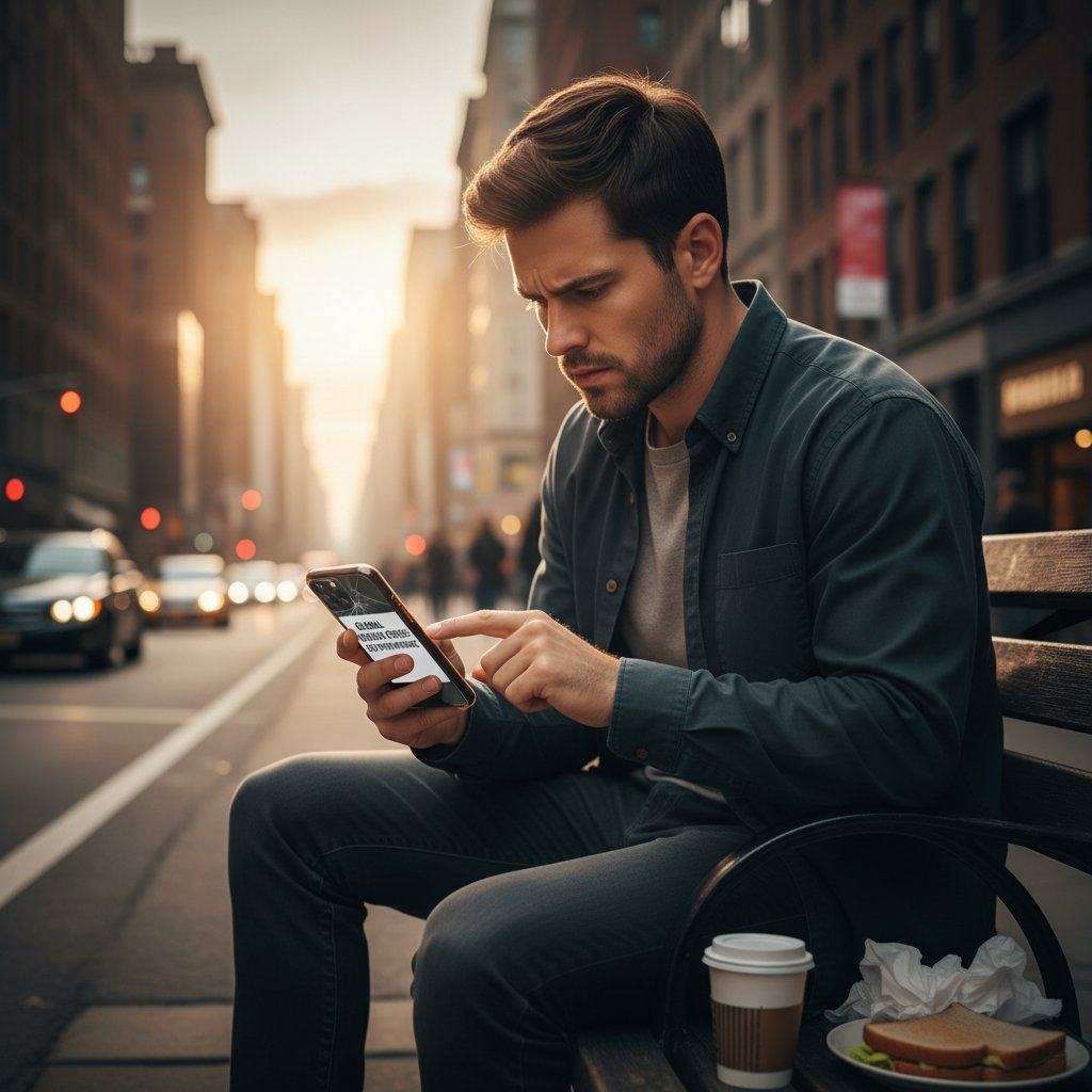 Osoba z wyrazem zaniepokojenia na twarzy, przeglądająca wiadomości zdrowotne na telefonie w środku miasta