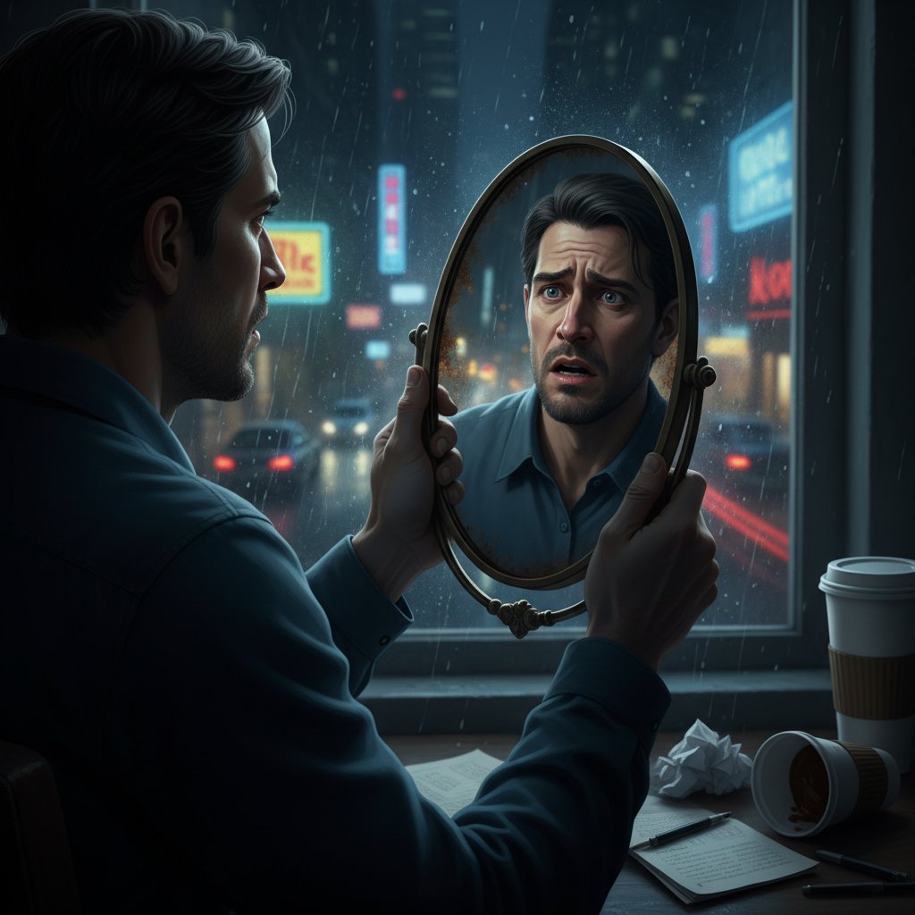 Osoba zatroskana patrząca w lustro w nocy, miasto w tle, napięcie, lęk