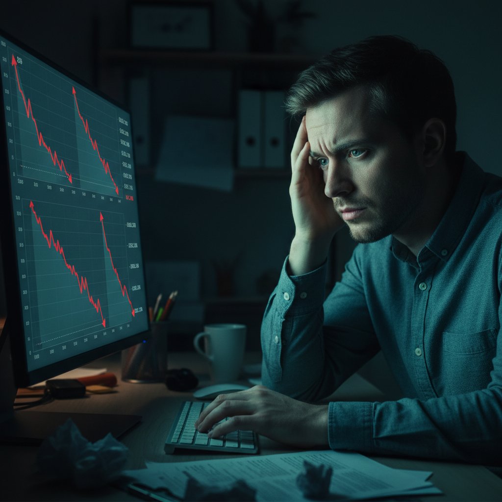 Osoba patrząca z niepokojem na malejące wykresy kampanii, światło z monitora podkreśla napięcie