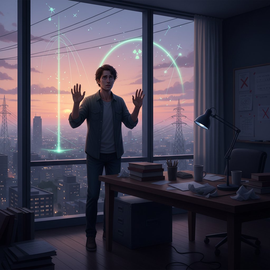 Portret zaniepokojonej osoby patrzącej przez okno wieżowca w wieczornym świetle — psychologiczne aspekty lęku przed promieniowaniem