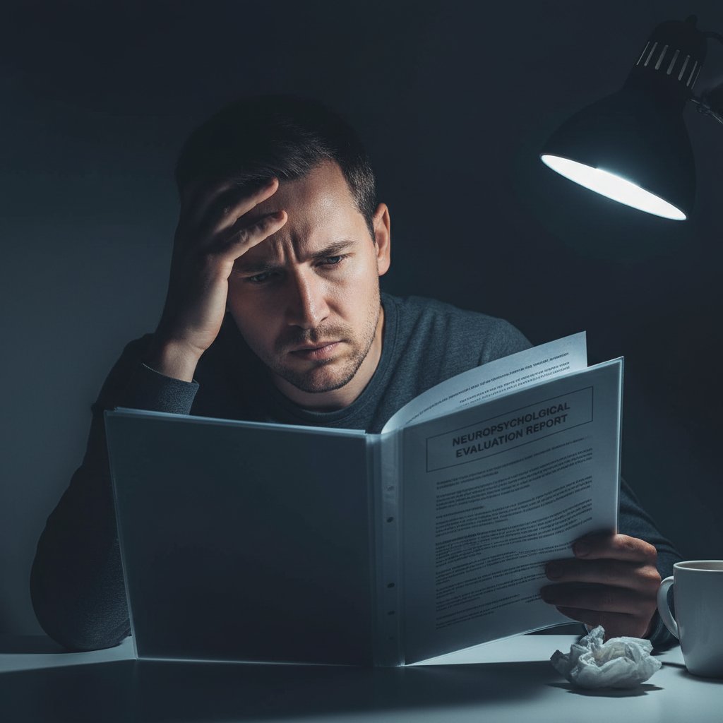 Zaniepokojona osoba trzymająca raport neuropsychologiczny, ciemne tło, napięcie