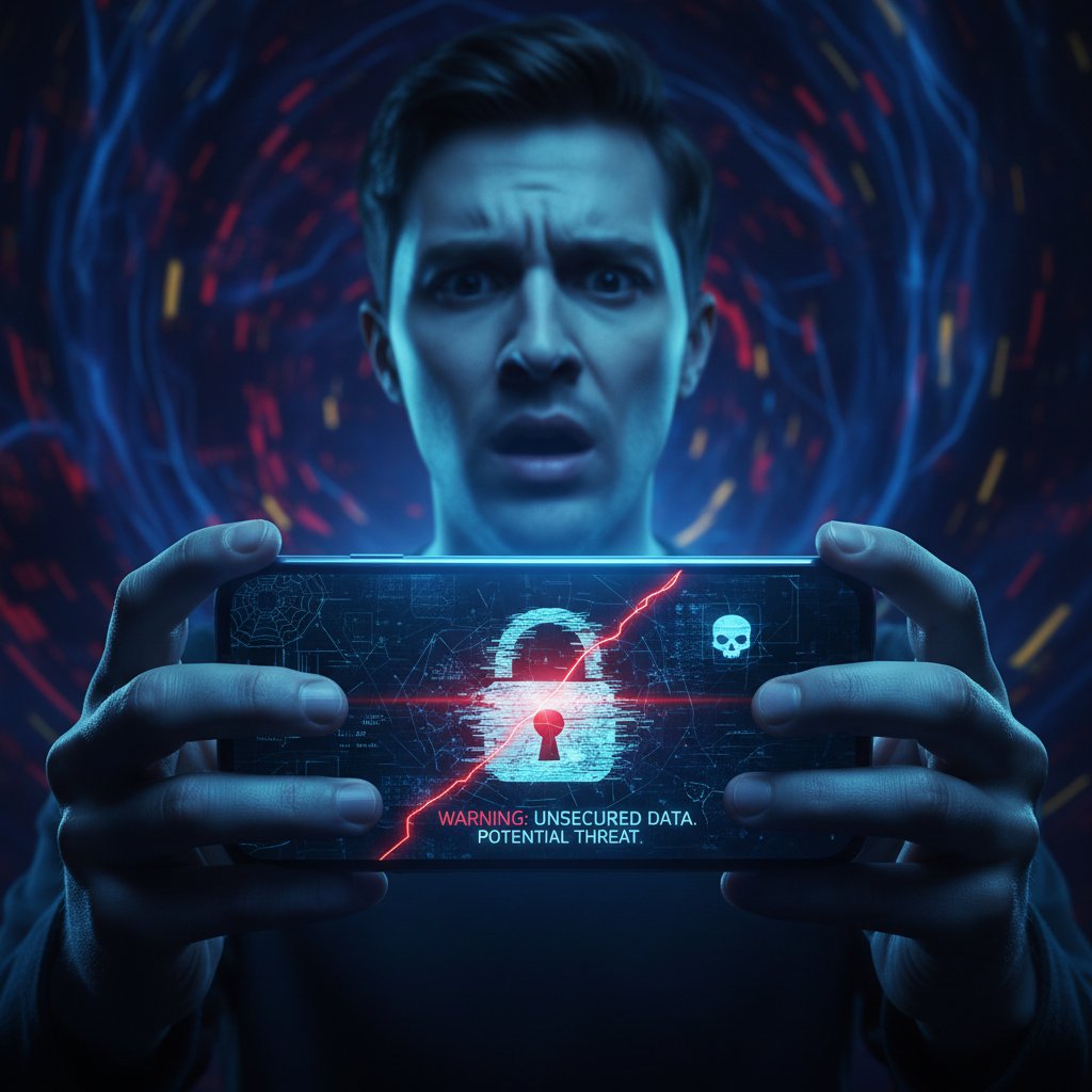 Osoba zaniepokojona patrząca na ekran telefonu – symbol potencjalnych zagrożeń online