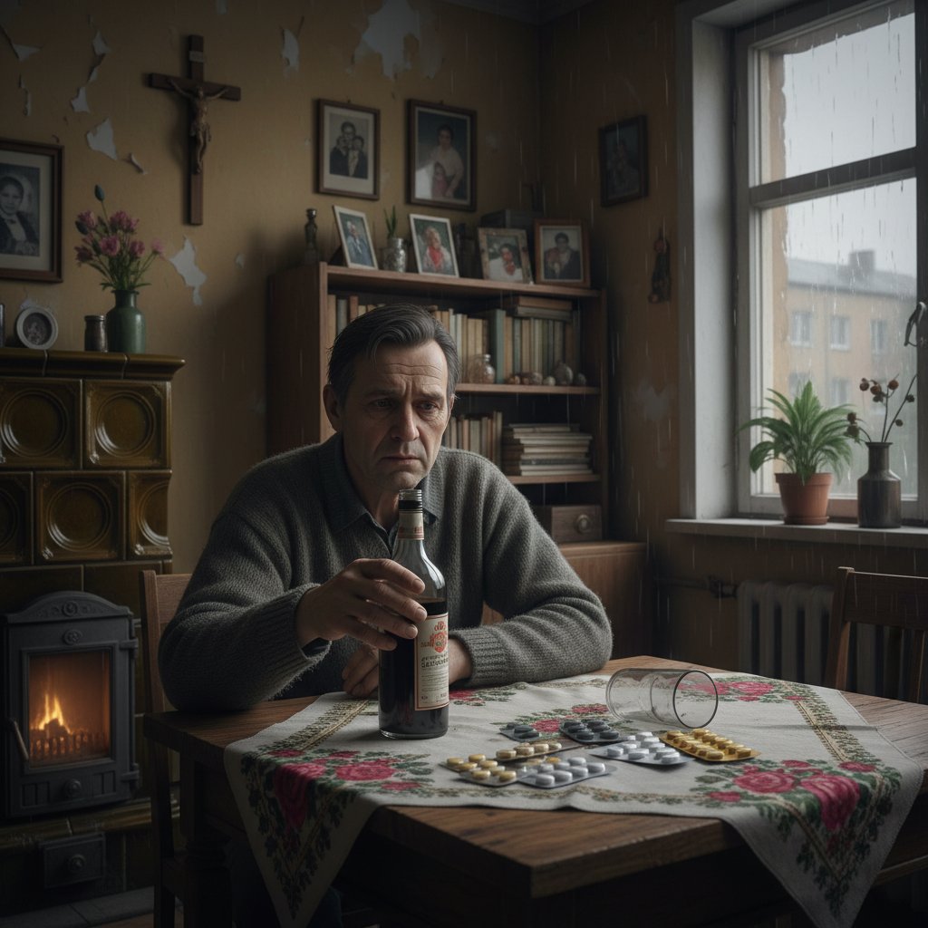 Zdjęcie: Zatroskana osoba patrząca na leki i alkohol na stole w polskim mieszkaniu