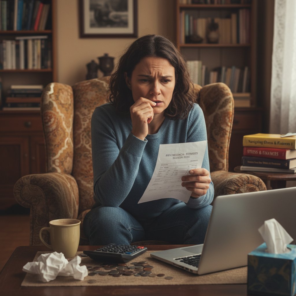 Zmartwiona osoba na kanapie, rozważająca koszty psychologa w Polsce, z widocznym napięciem