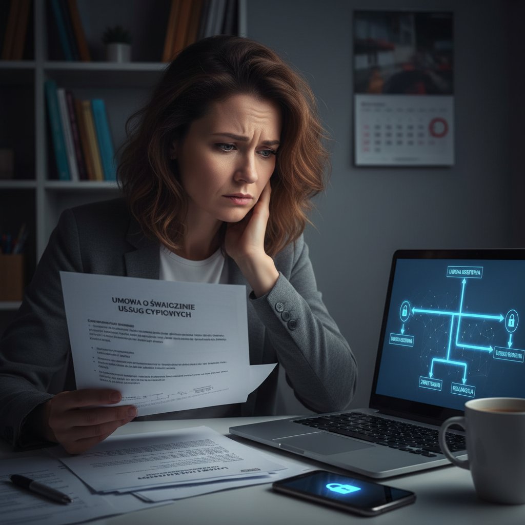 Zmartwiony konsument przy laptopie podejmuje trudną decyzję online