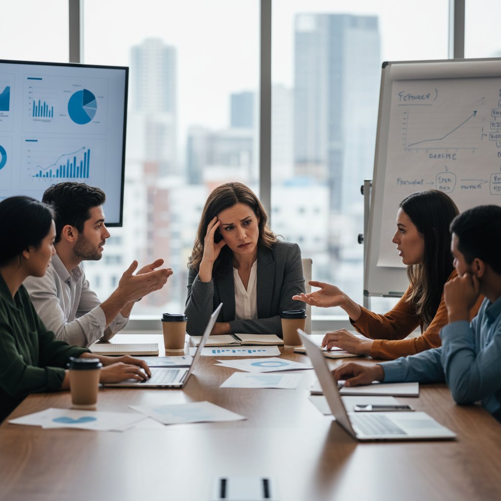 Menadżer projektowy zaniepokojony podczas spotkania zespołu produktowego