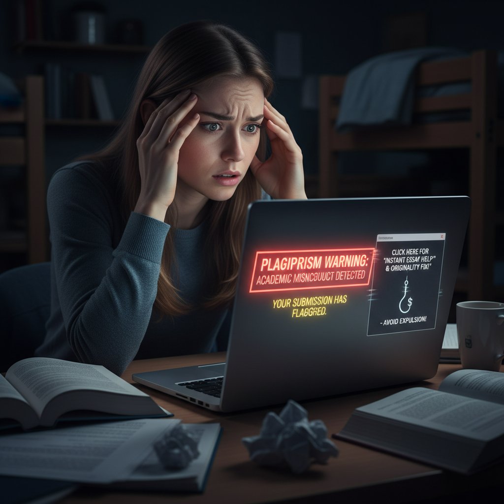 Zaniepokojona studentka siedzi przy komputerze, ekran pokazuje ostrzeżenie o plagiacie, ilustracja pułapek pomocy online