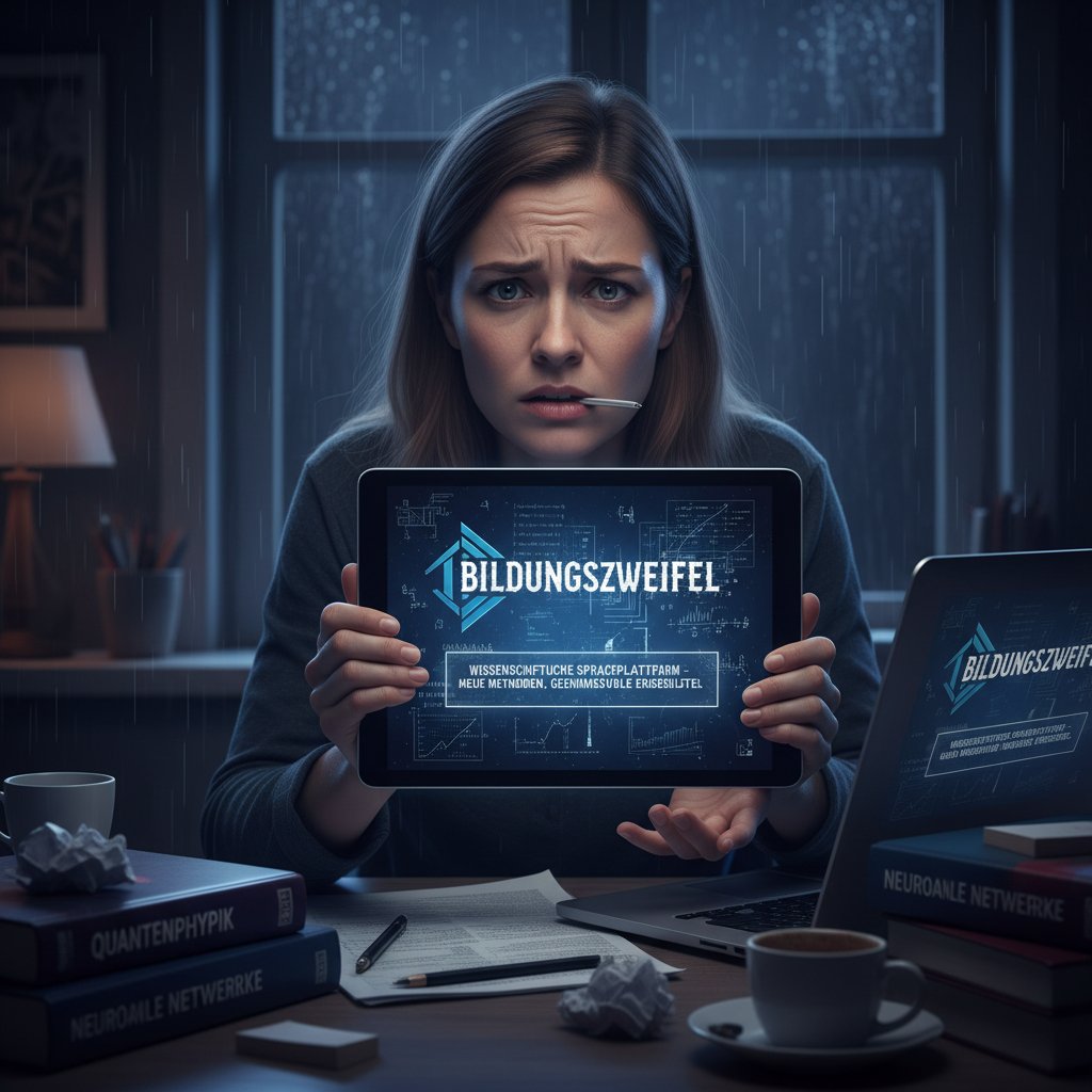 Zaniepokojony student przegląda podejrzaną platformę edukacyjną na niemiecki naukowy, ekran z ostrzeżeniem