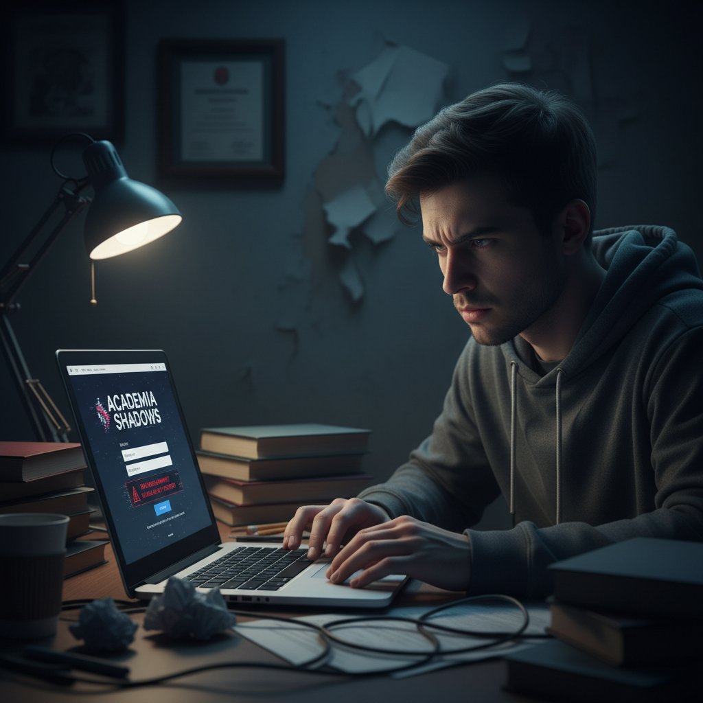 Zaniepokojony uczeń przeglądający ofertę podejrzanej platformy edukacyjnej