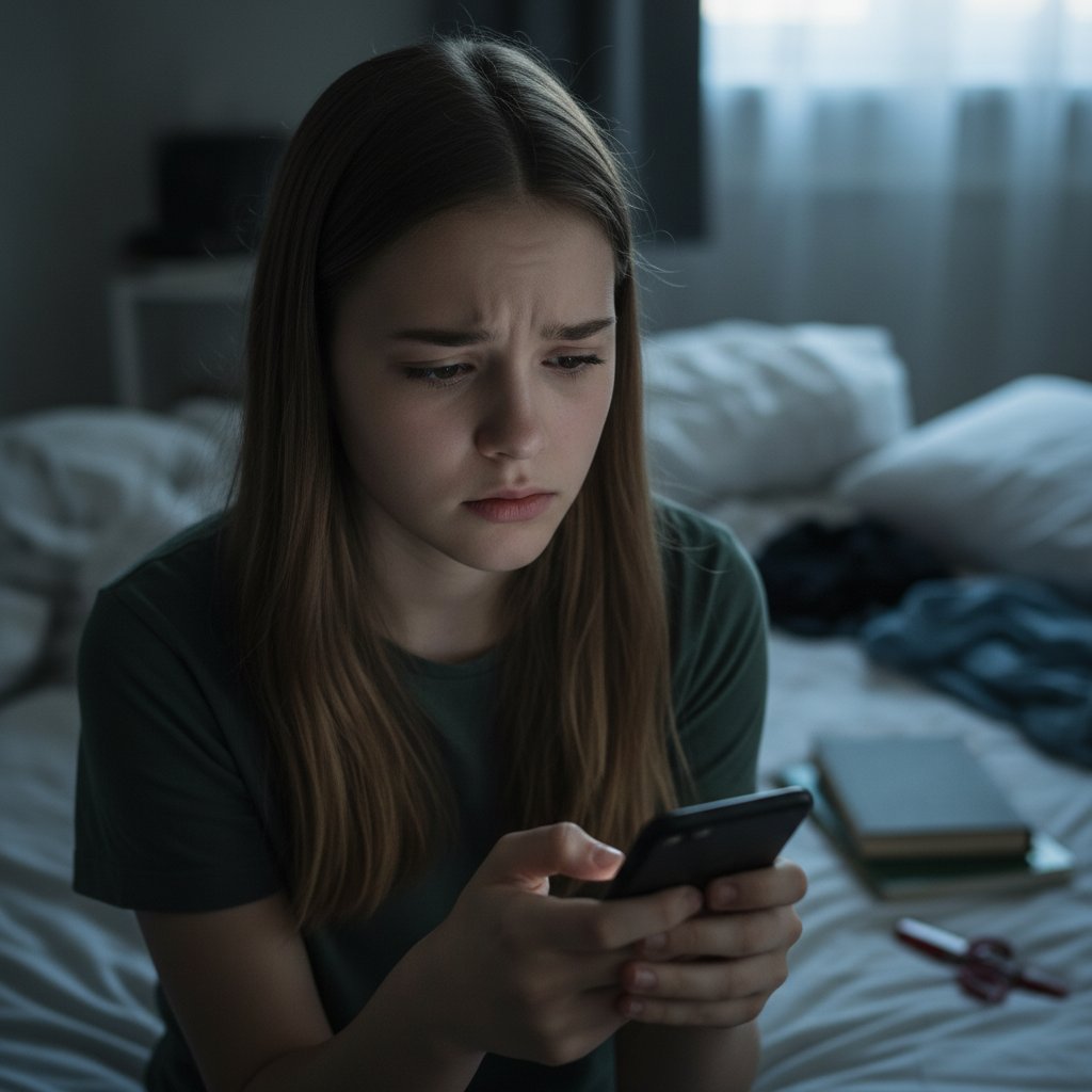 Zaniepokojony nastolatek patrzący na pusty ekran, gry online pies adopcja, skutki psychiczne